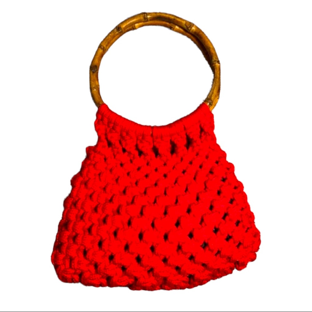 Vintage Red Rattan And Weave Crochet Purse with Wooden Circular Handle
